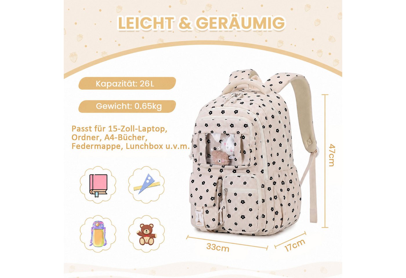 MOPUEA Schulrucksack Mädchen Schulrucksack Rucksack Schultasche Büchertasche Cordstoff (Freizeitrucksack für Schule Freizeit Reisen), Turnbeutel Lässiger Schulranzen Teenager Multi-Tasche Daypacks