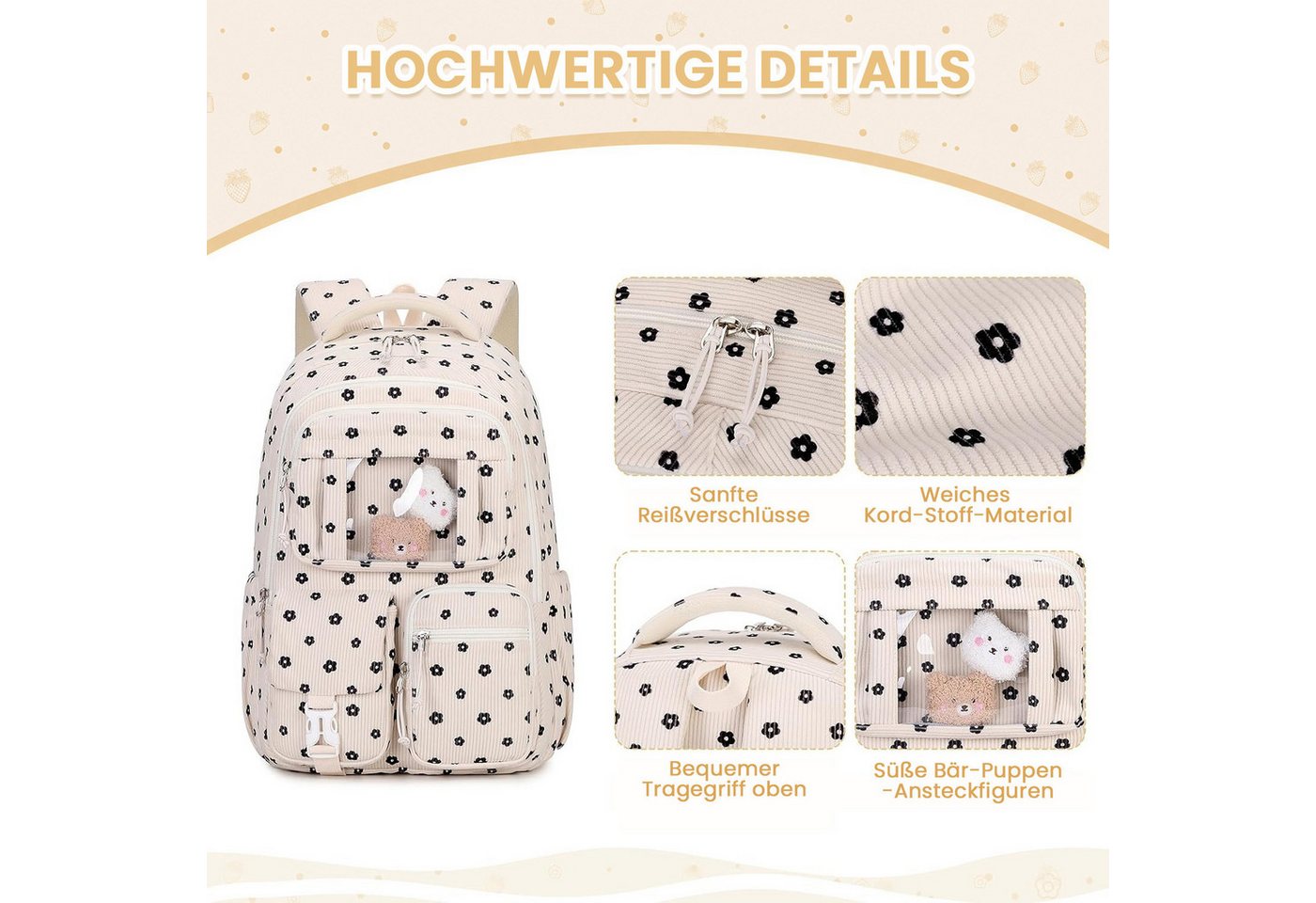 MOPUEA Schulrucksack Mädchen Schulrucksack Rucksack Schultasche Büchertasche Cordstoff (Freizeitrucksack für Schule Freizeit Reisen), Turnbeutel Lässiger Schulranzen Teenager Multi-Tasche Daypacks Bild 5