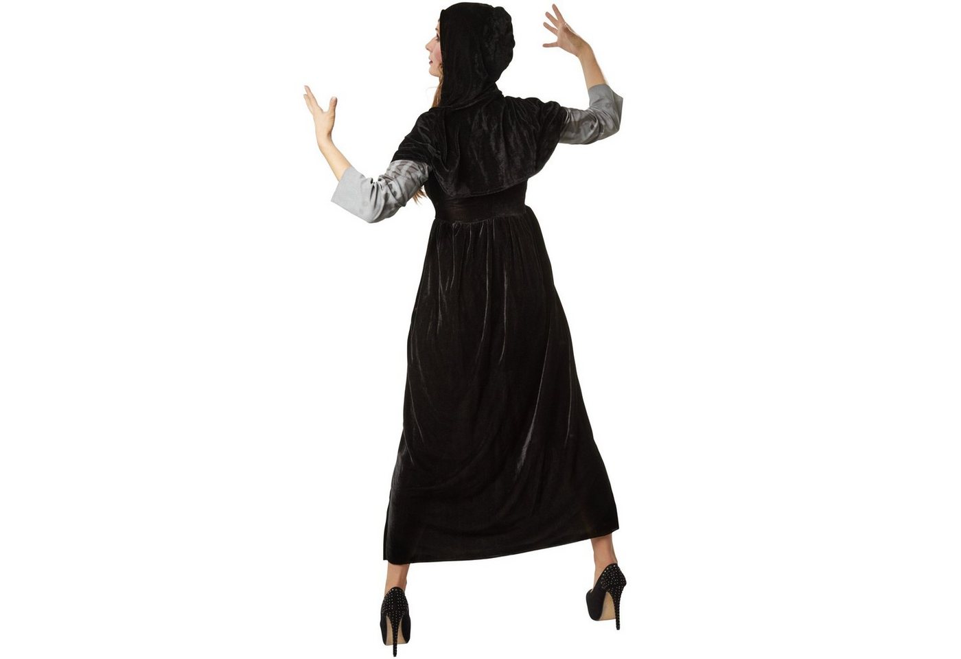 dressforfun Hexen-Kostüm Zauberin, auch Magierin, Gr. L, Kurzes Kapuzencape zum Schnüren, in schwarz/grau, Ärmel und Rock sind mit Geistergesichtern bedruckt