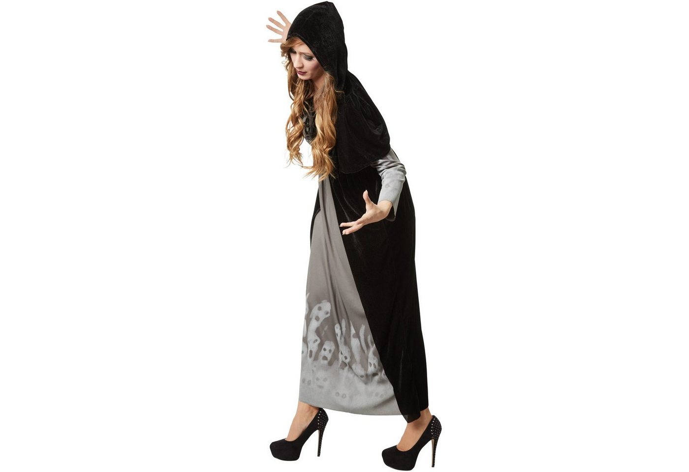 dressforfun Hexen-Kostüm Zauberin, auch Magierin, Gr. L, Kurzes Kapuzencape zum Schnüren, in schwarz/grau, Ärmel und Rock sind mit Geistergesichtern bedruckt Bild 2