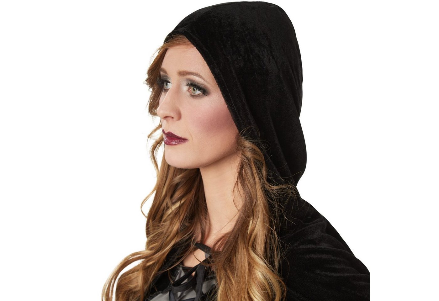 dressforfun Hexen-Kostüm Zauberin, auch Magierin, Gr. L, Kurzes Kapuzencape zum Schnüren, in schwarz/grau, Ärmel und Rock sind mit Geistergesichtern bedruckt Bild 3