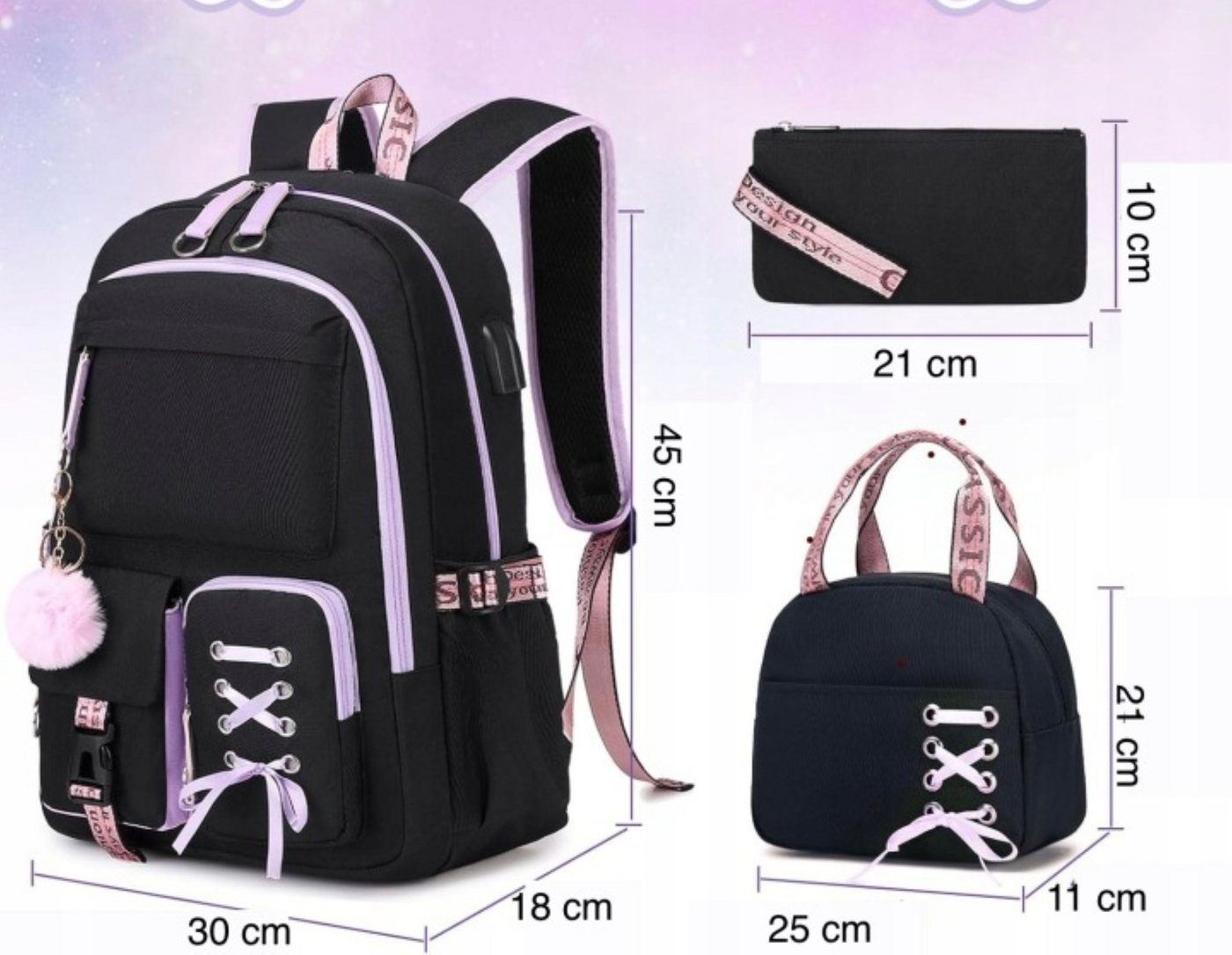 Festivalartikel Schulrucksack Schulrucksack Set 7in1 mit Mäppchen Lunchbag USB Kopfhörer Schwarz (1-tlg)