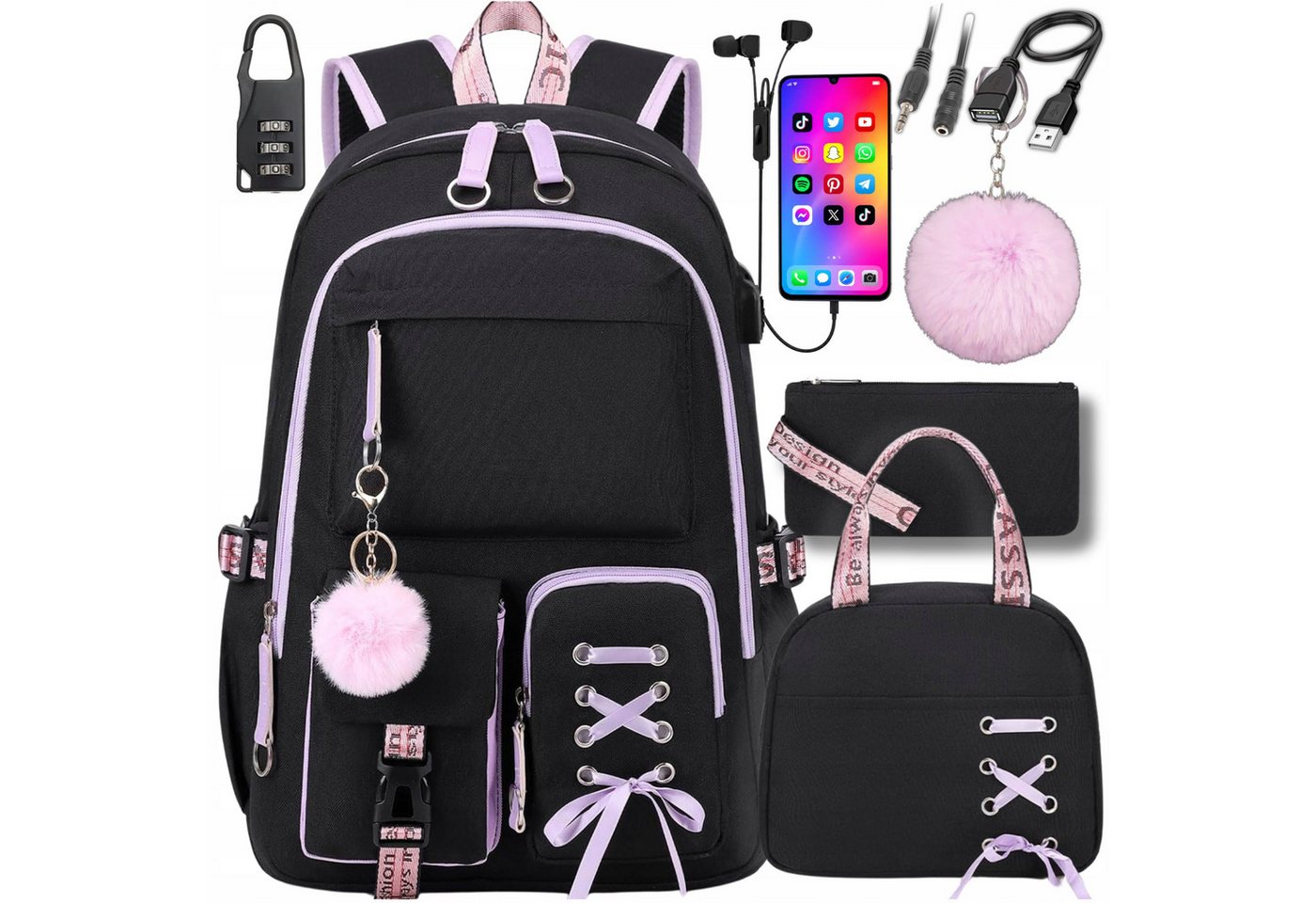 Festivalartikel Schulrucksack Schulrucksack Set 7in1 mit Mäppchen Lunchbag USB Kopfhörer Schwarz (1-tlg) Bild 2