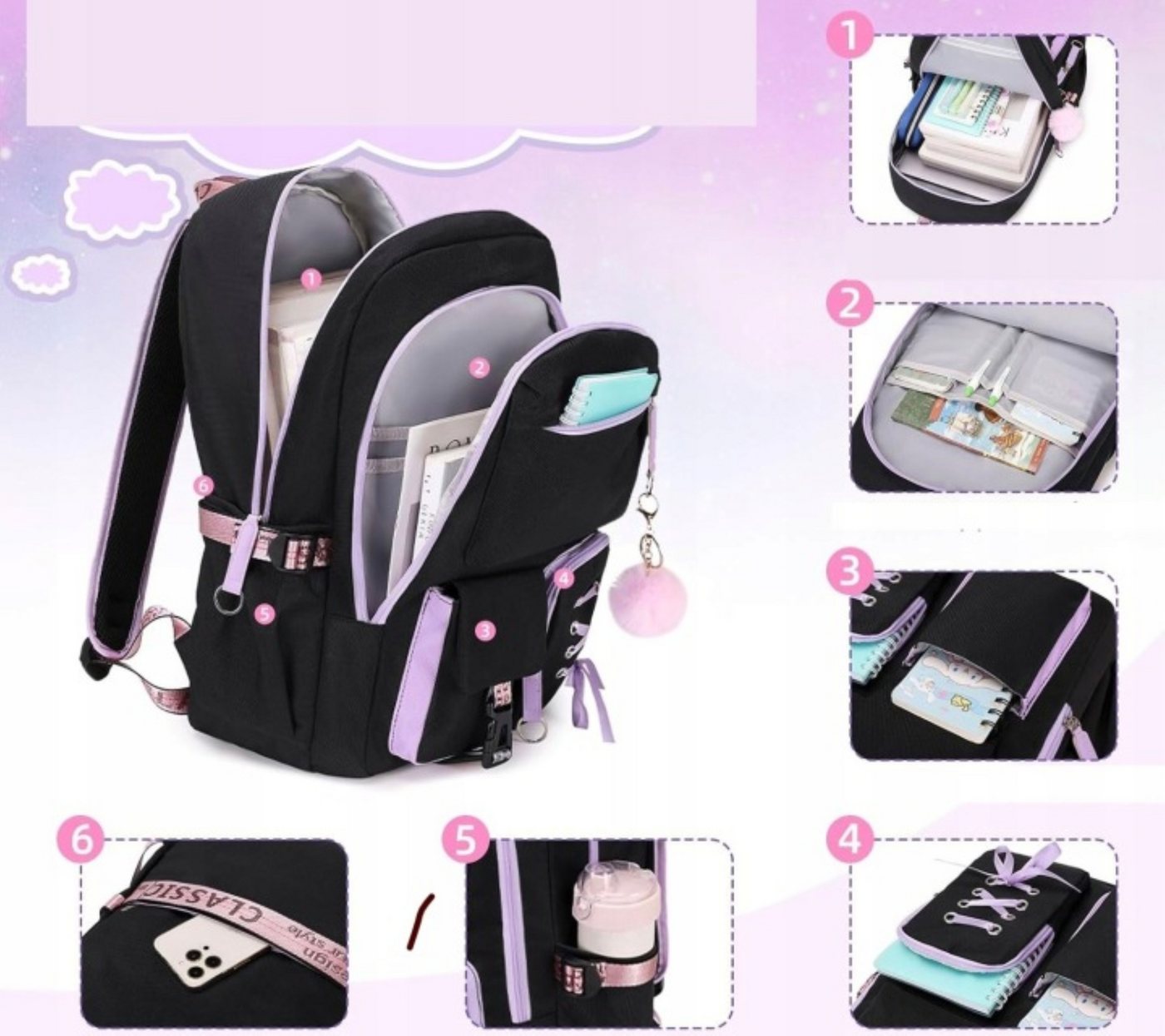 Festivalartikel Schulrucksack Schulrucksack Set 7in1 mit Mäppchen Lunchbag USB Kopfhörer Schwarz (1-tlg) Bild 3