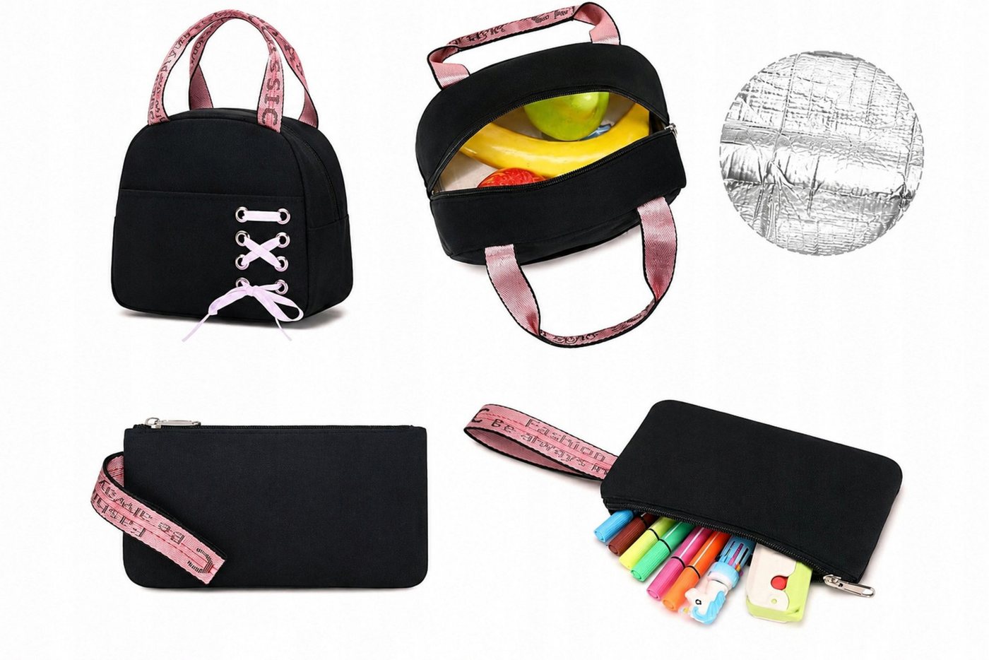 Festivalartikel Schulrucksack Schulrucksack Set 7in1 mit Mäppchen Lunchbag USB Kopfhörer Schwarz (1-tlg) Bild 4