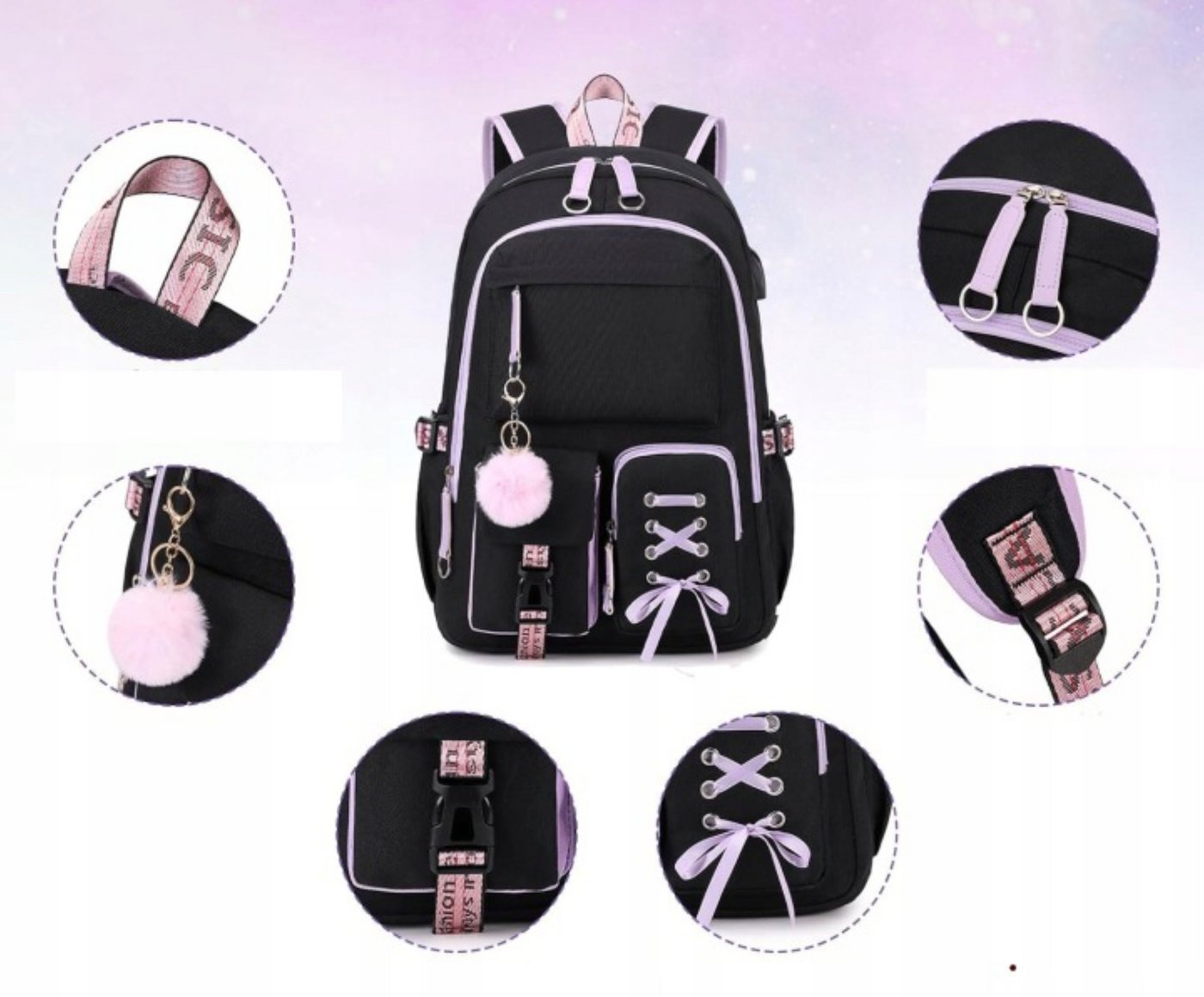 Festivalartikel Schulrucksack Schulrucksack Set 7in1 mit Mäppchen Lunchbag USB Kopfhörer Schwarz (1-tlg) Bild 5
