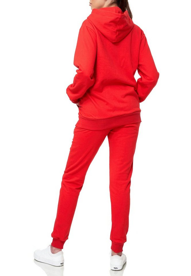 L.gonline Freizeitanzug Damen Jogginganzug einfarbig 100% Baumwolle 586 Rot S (Kapuzenjacke mit Reißverschluss, Hose, 2-tlg), Fitness Freizeit Casual