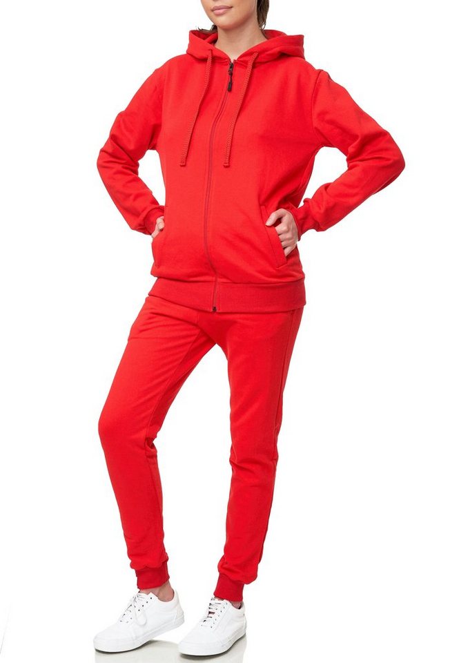 L.gonline Freizeitanzug Damen Jogginganzug einfarbig 100% Baumwolle 586 Rot S (Kapuzenjacke mit Reißverschluss, Hose, 2-tlg), Fitness Freizeit Casual Bild 3