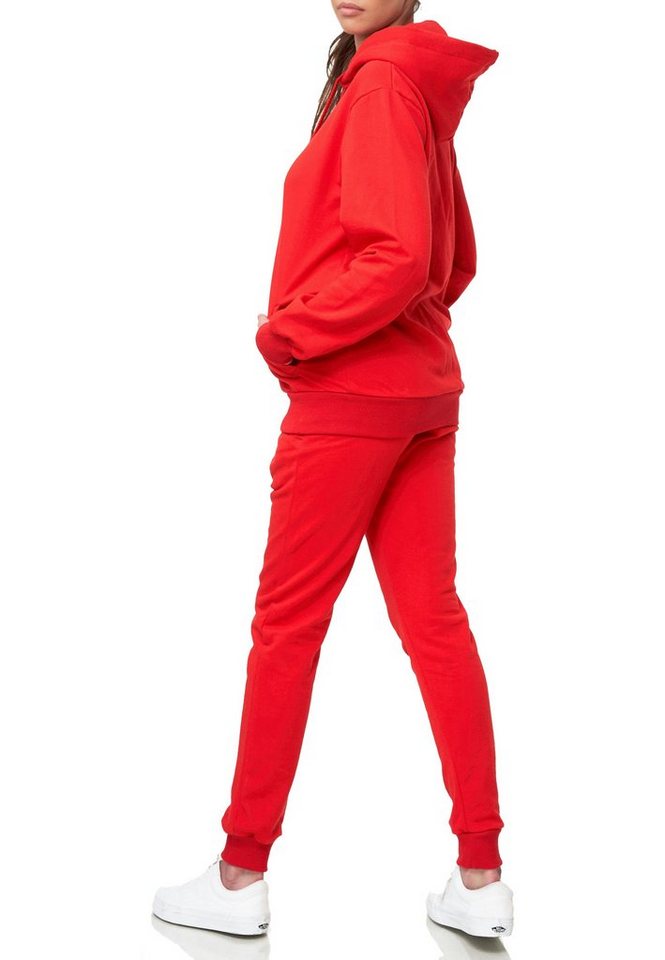L.gonline Freizeitanzug Damen Jogginganzug einfarbig 100% Baumwolle 586 Rot S (Kapuzenjacke mit Reißverschluss, Hose, 2-tlg), Fitness Freizeit Casual Bild 4