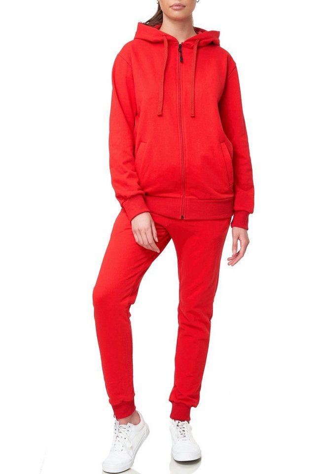 L.gonline Freizeitanzug Damen Jogginganzug einfarbig 100% Baumwolle 586 Rot S (Kapuzenjacke mit Reißverschluss, Hose, 2-tlg), Fitness Freizeit Casual Bild 5