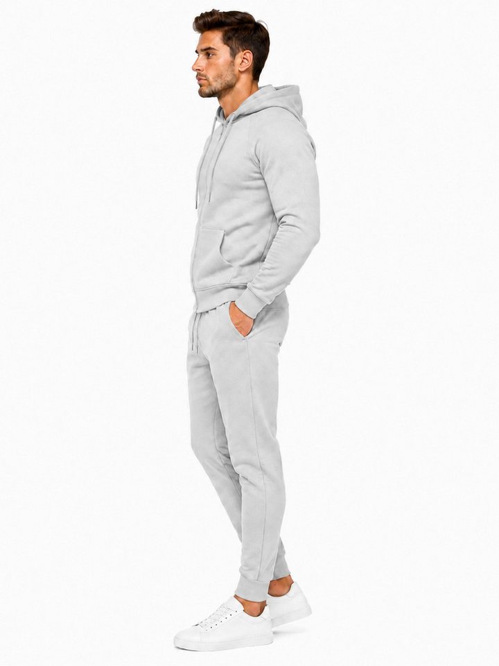 L.gonline Freizeitanzug Herren Jogginganzug einfarbig 100% BW 586 Grau XXL (Kapuzenjacke mit Reißverschluss, Hose, 2-tlg), Fitness Freizeit Casual