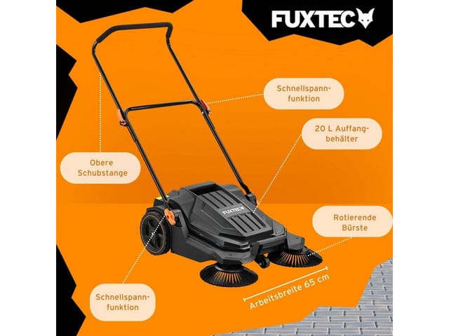 Handkehrmaschine FX-HK65, Kehrgerä t fü r mittlere bis grö ß ere Auß enbereiche, 650 mm Arbeitsbreite, 20 l Kehrbehä lter, Flä chenleistung bis ca.