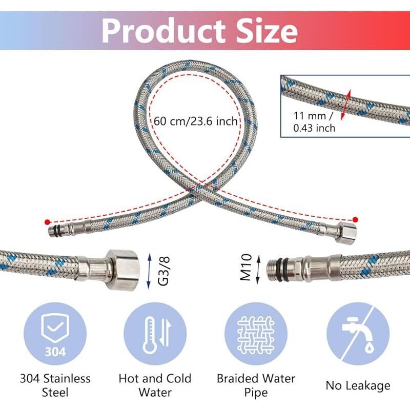 60 Cm/2er-pack Flexible Wasserhahn-anschlussschläuche G3/8 X M10, Geflochtene Edelstahl-verlängerungsschläuche Für Spülbecken, Forehill Flexibler Küchenwasserhahn-schlauch Für Küche Und Bad (rot Und B