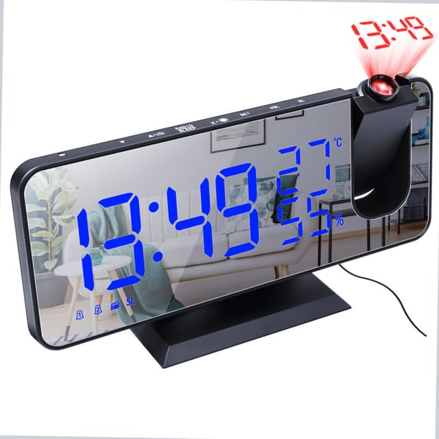 Eosnow - Digitale Projektion Wecker mit Spiegeloberfläche 4-in-1 180-Grad-Projektor Innentemperatur Feuchtigkeit Monitor fm Radio Phone Ladegerät
