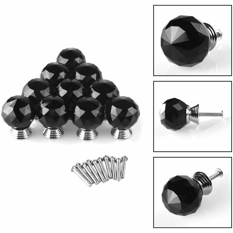 Vurahome – Set Mit 10 Türknöpfen, 30 Mm Durchmesser, Schwarze Kristall-möbelknöpfe, Runde Glasknöpfe, Schrank- Und Schubladendekoration