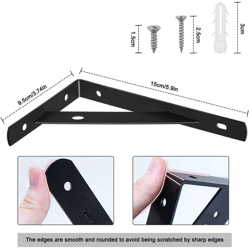 Vurahome – 4er-set Wandregalhalterungen, Robuste Winkelhalterungen Mit Schrauben, Wandhalterungen Aus Metall, Schwarze Regalträger Für Küche Und Schlafzimmer, 150 X 95 X 1