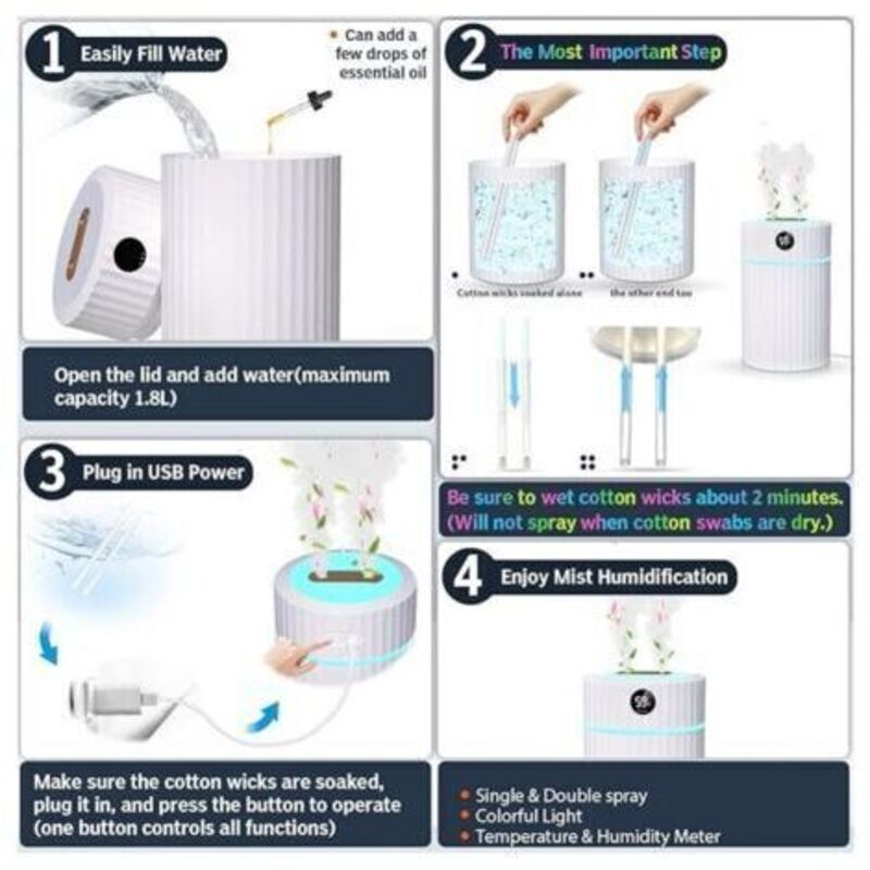 Vurahome - Luftbefeuchter, 2l Leiser Ultraschall-luftbefeuchter Mit Thermo-hygrometer, Doppeldüse, 36 Stunden Laufzeit, Automatischer Abschaltung, 7 Leds, Für Zuhause, Schlafzimmer, Büro Usw.