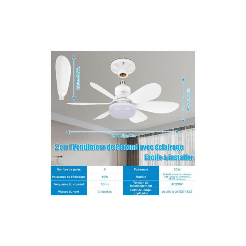 Vurahome - Deckenventilator Mit Licht Und Fernbedienung, Mit E27-fassung, Schlafzimmer-deckenventilator Mit Pendelleuchte, 6 Flügel, 3 Geschwindigkeiten, Timer [energieeffizienzklasse A]