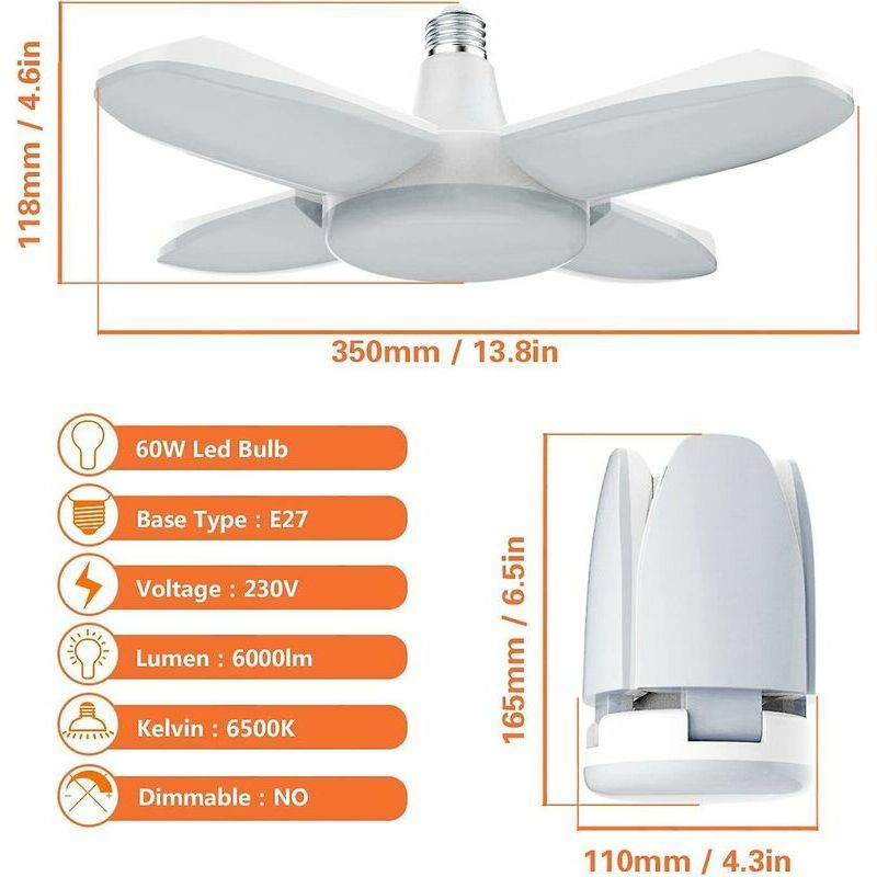 Vurahome – Led-garagenleuchte, 60 W, E27, 6500 K, 6000 Lm, Werkstattlampe, Led-deckenleuchte Für Garage, Dachboden, Werkstatt, Keller, Fitnessraum, Küche (1 Stück) Ruikalu