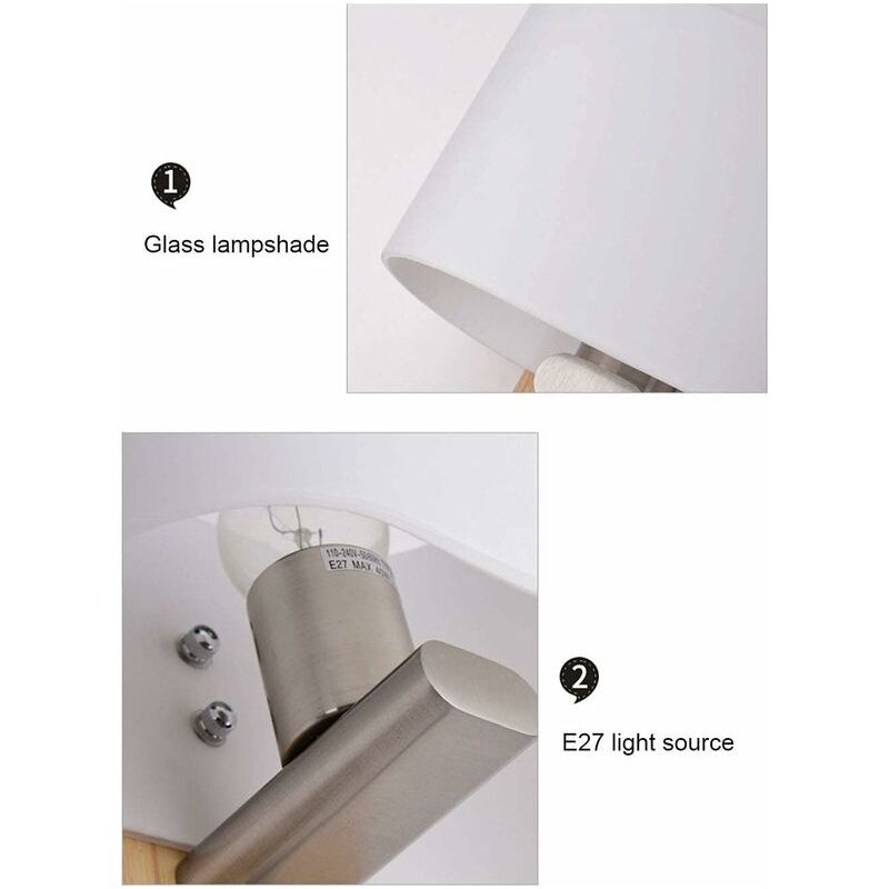Vurahome - Moderne Wandleuchte E27 3w Leselampe Im Nordischen Hotelstil, Zeitgenössische Schlichte Glaslampe Mit Holzschirm Und Flexiblem Druckknopfschalter Für Schlafzimmer
