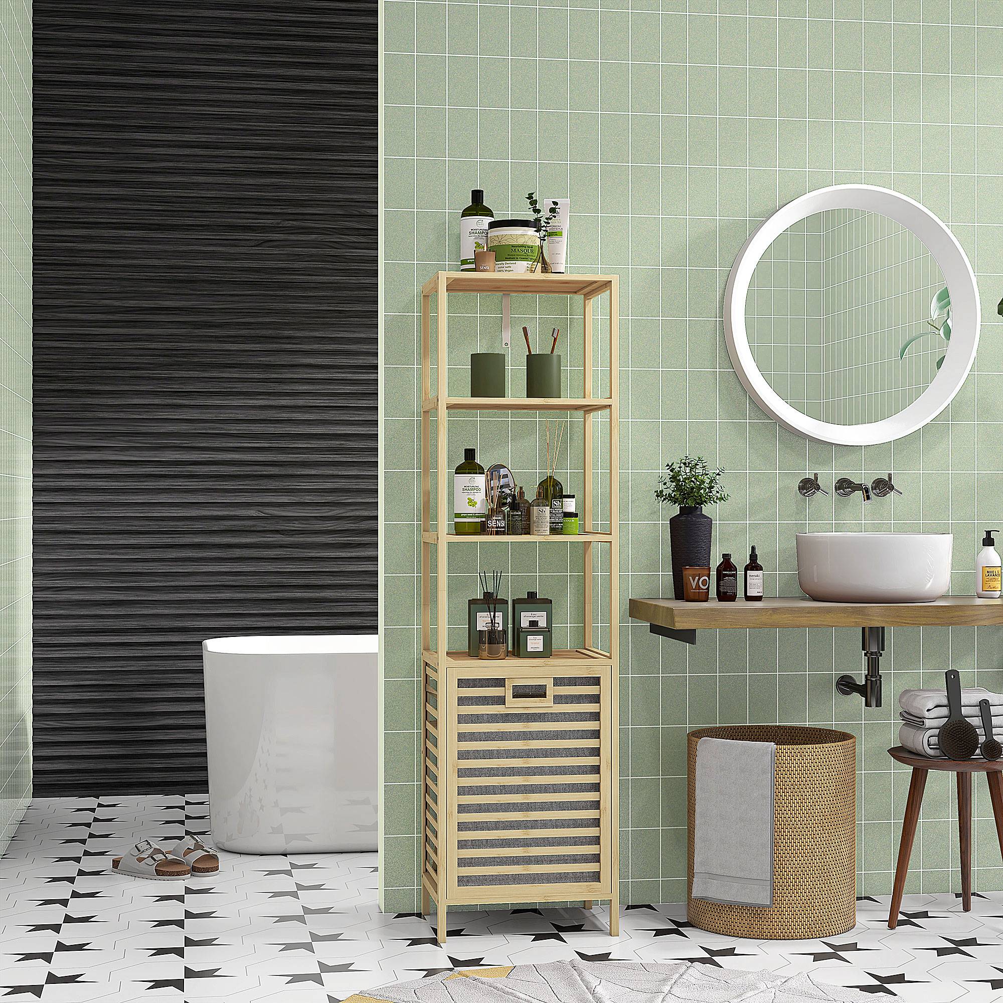 Badezimmerschrank Mit 3 Ablagen Und Wäschekorb Aus Stoff, Hoher, Platzsparender Badezimmerschrank Aus Bambusholz, 44 X 33 X 160 Cm