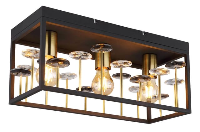 Globo - Deckenleuchte Kristalle Esszimmerlampe Design Deckenlampe 3 flammig, Metall schwarz gold, 3x E27 Fassung, LxBxH 45x18x20 cm