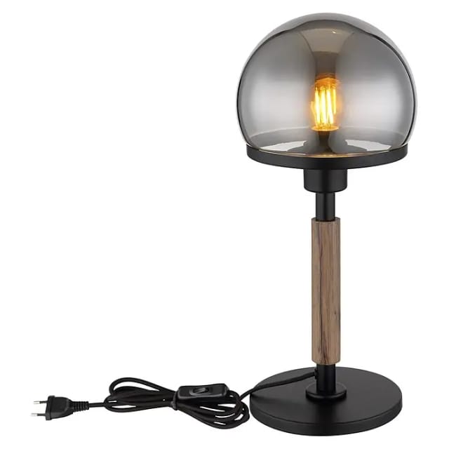 Tischlampe Pilz Design Nachttischlampe Retro Tischleuchte Rauchglas Holzoptik Wohnzimmerlampe, Metall schwarz, 1x E27, DxH 18 x 40 cm