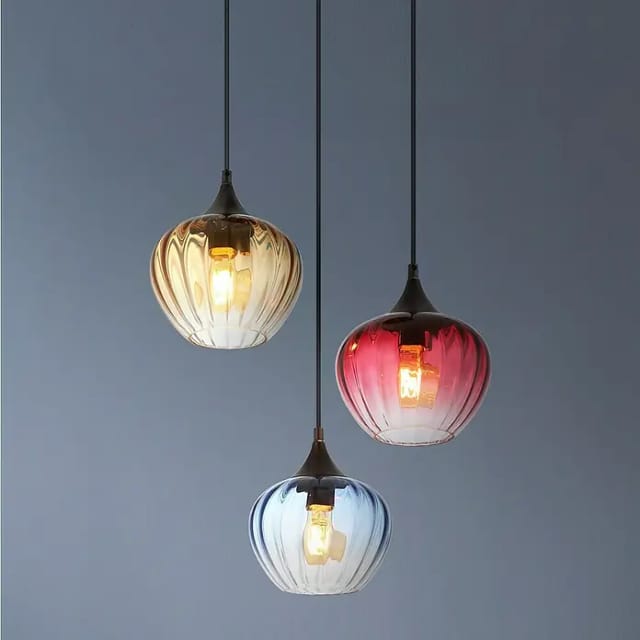 Hängelampe 3 flammig Esszimmerleuchte Pendellampe Retro Glas Wohnzimmerlampe, Rot Amber Blau, 3x E27, DxH 45 x 150 cm