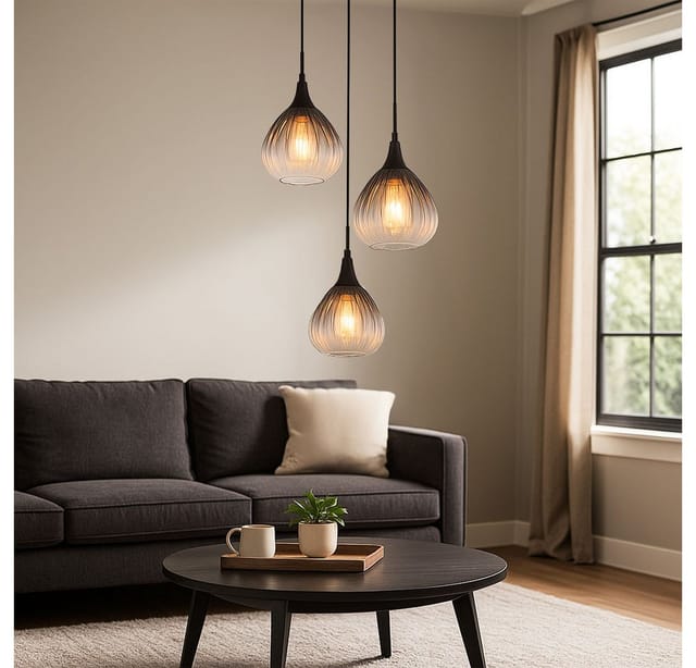 Hängelampe Esstischleuchte Rauchglas Pendellampe 3 flammig Wohnzimmer, Metall schwarz, 3x E27, DxH 44 x 120 cm