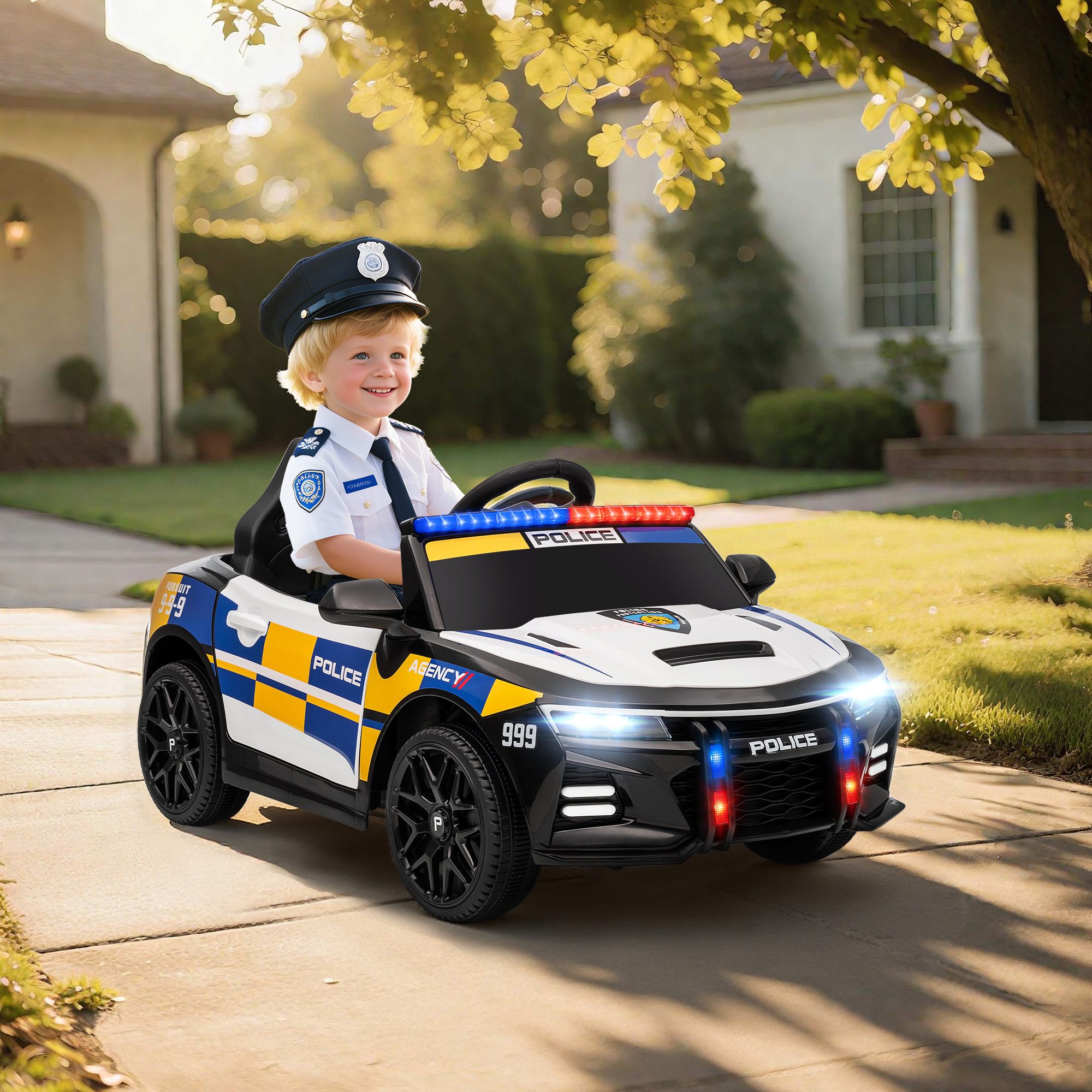 Elektrisches Polizeiauto Für Kinder Ab 3 Jahren, 12 V, Mit 2,4-ghz-fernbedienung, Lichtern, Sirene Und Mehrfarbiger Musik