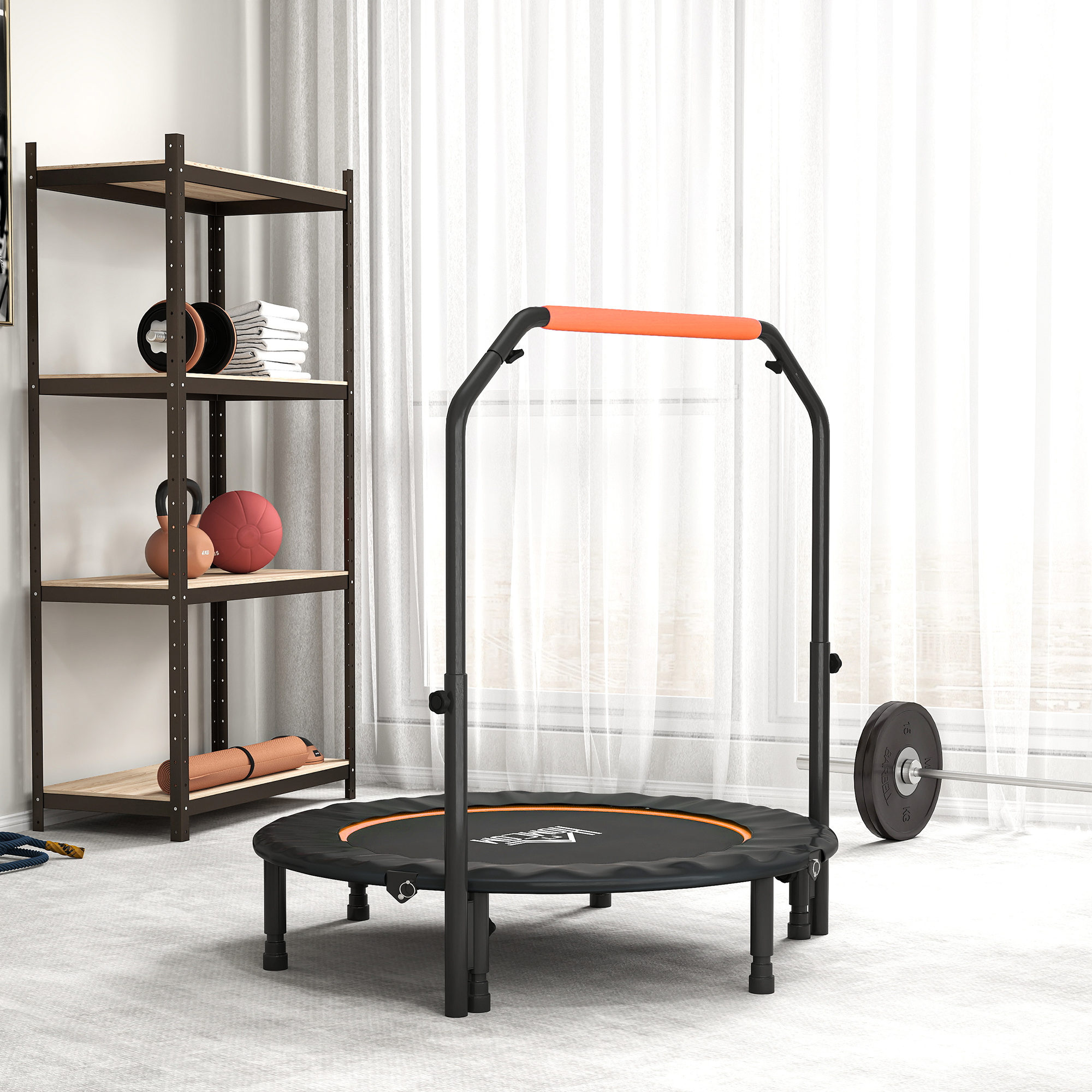 Klapptrampolin Ø114 Cm Mit Verstellbarem Griff, Stahlrahmen Für Bein- Und Körpertraining, Orange Und Schwarz