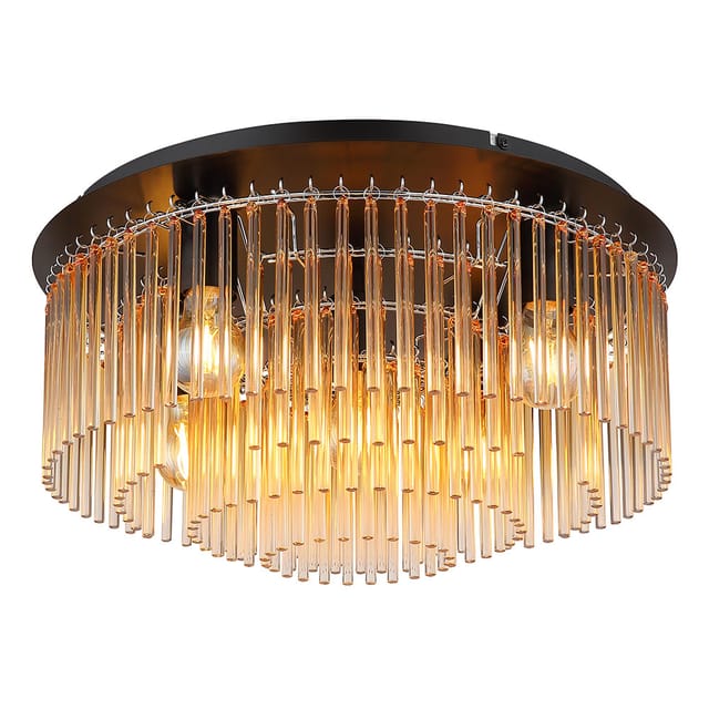 Wohnzimmerlampe Deckenleuchte Glasstäbe Metall Chrom Amber 5-Flammig
