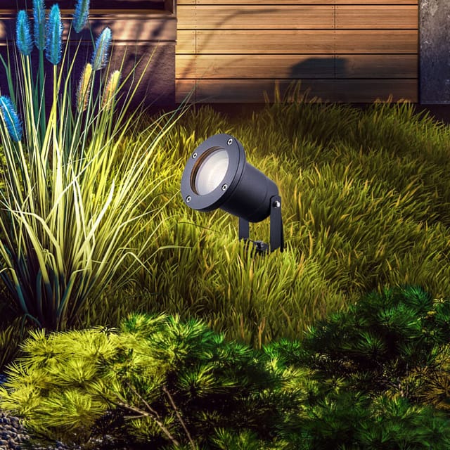Led Gartenstrahler mit Erdspieß Wegbeleuchtung grau Außen Strom Außenlampe mit Stecker, Aluminium Glas IP65, 4,5W 400lm warmweiß, DxH 9,8x32,5 cm