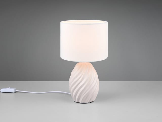 Meinewunschleuchte - led Tischleuchte mit Keramikfuß und Stoffschirm in Weiß, Höhe 31cm