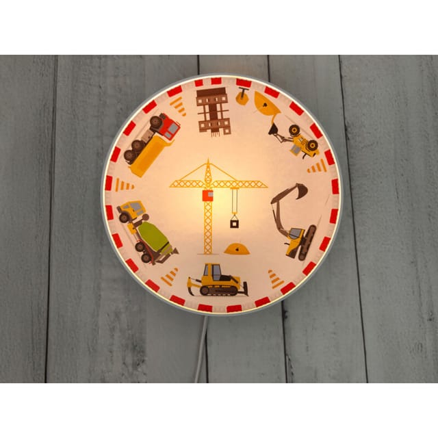Kinderzimmer Wandlampe Weiß mit Baustellen Motiven, Schalter und Stecker, ø 25cm