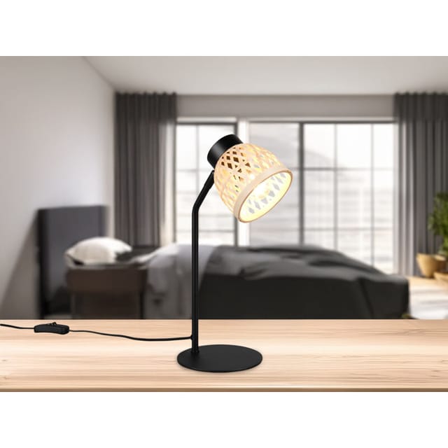 Led Schreibtischleuchte mit Korb Lampenschirm aus Bambus, Höhe 36cm