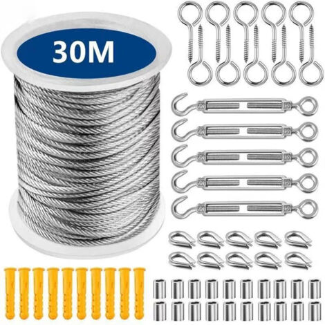 Coavas – Câble En Acier Inoxydable 30m – Résistant À La Corrosion – Accessoires Inclus Pour Installation Rapide – Pour Suspension Extérieure