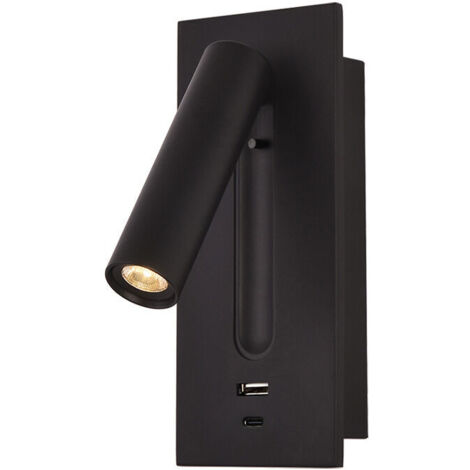 Rwoythk – Applique Murale Liseuse Led Noire – Alliage D'Aluminium – 3w Lumière Chaude 3000k – Angle Rotatif 350° Et Pliable 90° – Ports Usb Et Type C