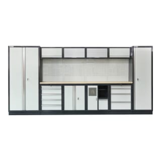 Werkstatteinrichtung Basic, 6-teilig, modular, mit Lochwand und Multiplex-Arbeitsplatte, BxTxH 4235x460x2000mm - Stier