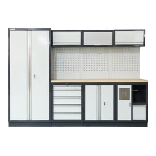 Werkstatteinrichtung Basic, 4-teilig, modular, mit Lochwand und Multiplex-Arbeitsplatte, hydraulische Hängeschränke, integriertes Müllfach, BxTxH