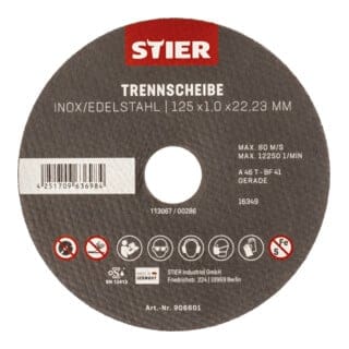 STIER Trennscheibe Edelstahl 125 x 1,0 x 22,23 mm, Form gerade 5 Stk