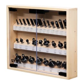 Fräsersortiment in stabiler Vitrine, 30-teilig, 8 mm, Fräser für Oberfräsen, Holzfräser, Fräser Set, Fräserset, vollständiges Set mit Nutfräser