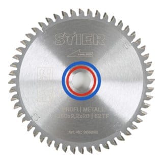 Kreissägeblatt Profi Metall, 160 x 2,2 x 20mm, -5° neg. Spanwinkel, 52 gehärtete Zähne, Trapezflachzahn - Stier
