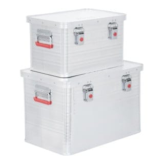 Alubox Set, 30L und 65L, stapelbare Transportkisten, Staub- und spritzwasserresistent mit Gummidichtung und Klapphandgriffen, großes Fassungsvermögen