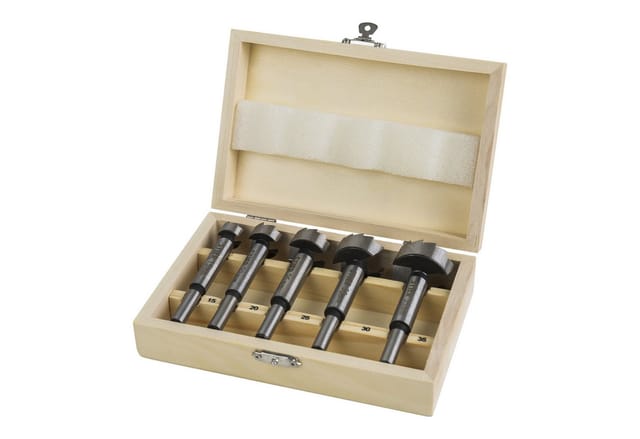 STIER Forstnerbohrer Set in Holz-Kasette, 5-teilig (15, 20, 25, 30, 35 mm), 10 mm Schaft, für Hart- & Weichholz, Forstner Bohrersatz, Forstner Bohrer