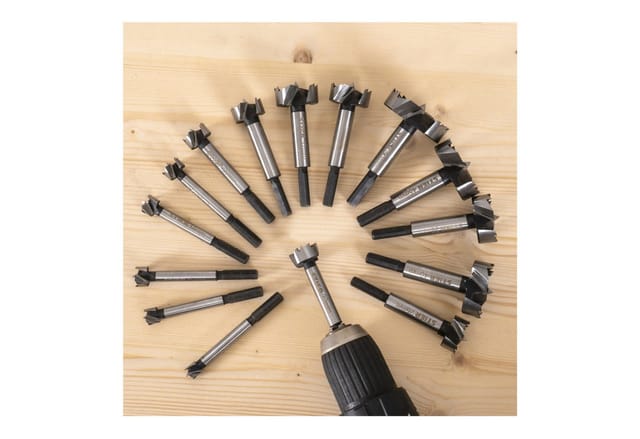 Forstnerbohrer-Set in Holz-Kasette, 15-teilig (Durchmesser 10 - 50 mm), 8 - 9 mm Schaft, für Hart- & Weichholz, Forstner Bohrersatz, Forstner Bohrer