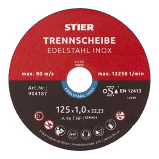 Trennscheibe für Edelstahl/INOX, Metall, Stahl, ø Flexscheibe: 125 x 1,0 x 22,23 mm, gerade, Set mit 25 Stück, für Winkelschleifer - Stier