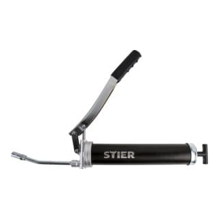 STIER Handhebel-Fettpresse für vielseitige Schmierarbeiten, kompatibel mit gängigen Fettkartuschen, inklusive robustem Metallrohr für präzises