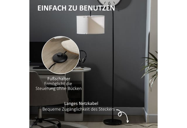 Stehlampe Wohnzimmer Stehleuchte mit Stoff-Lampenschirm, Fußschalter, Standleuchte mit E27 Fassung, Standlampe mit Stahlständer für Schlafzimmer,