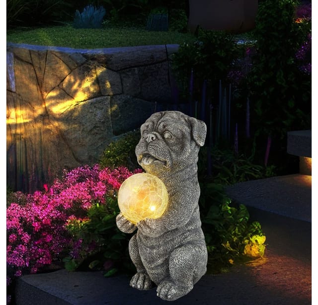 Solarleuchte Hund Gartendeko Tierfigur grau Solarlampe Kugel Bruchglas Hund, led warmweiß, LxBxH 17,5x13x29 cm